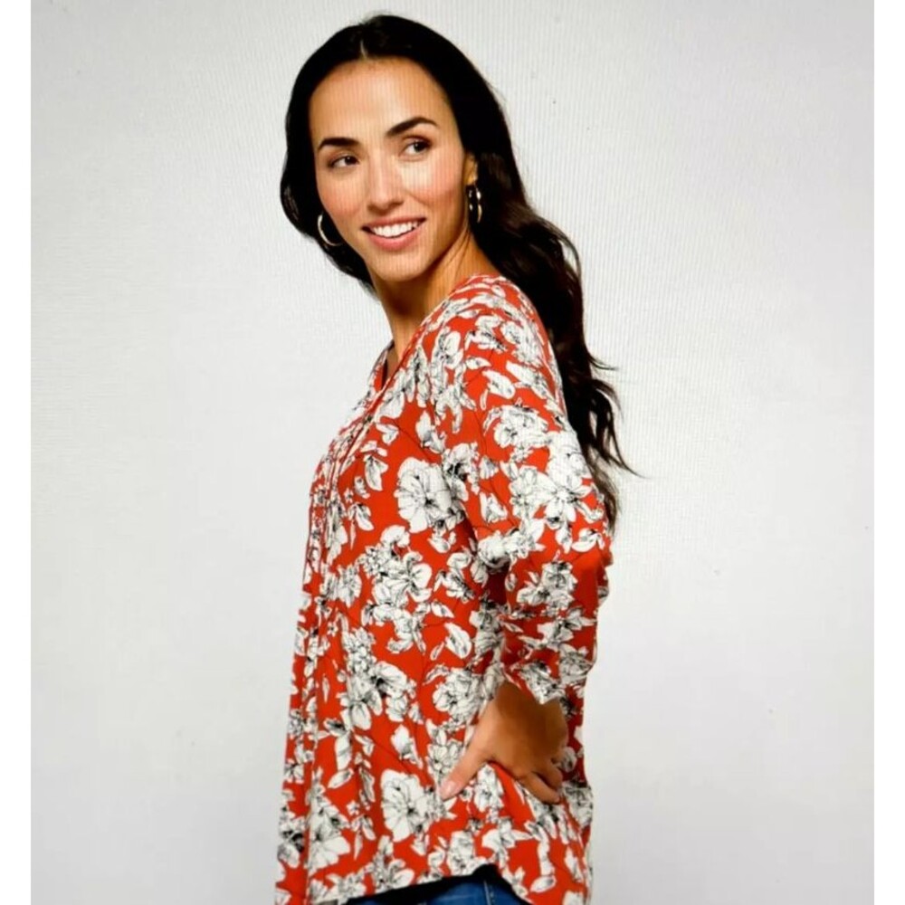 Maley Womens SMALL Top Pleated Detail V Neck Floral Shirt 3/4‎ Sleeve Rust White - Picture 3 of 12